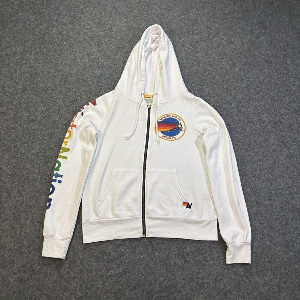 Aviator Nation Hoodie Womens Small Full Zip Aspen CO Rainbow Sweater White USA